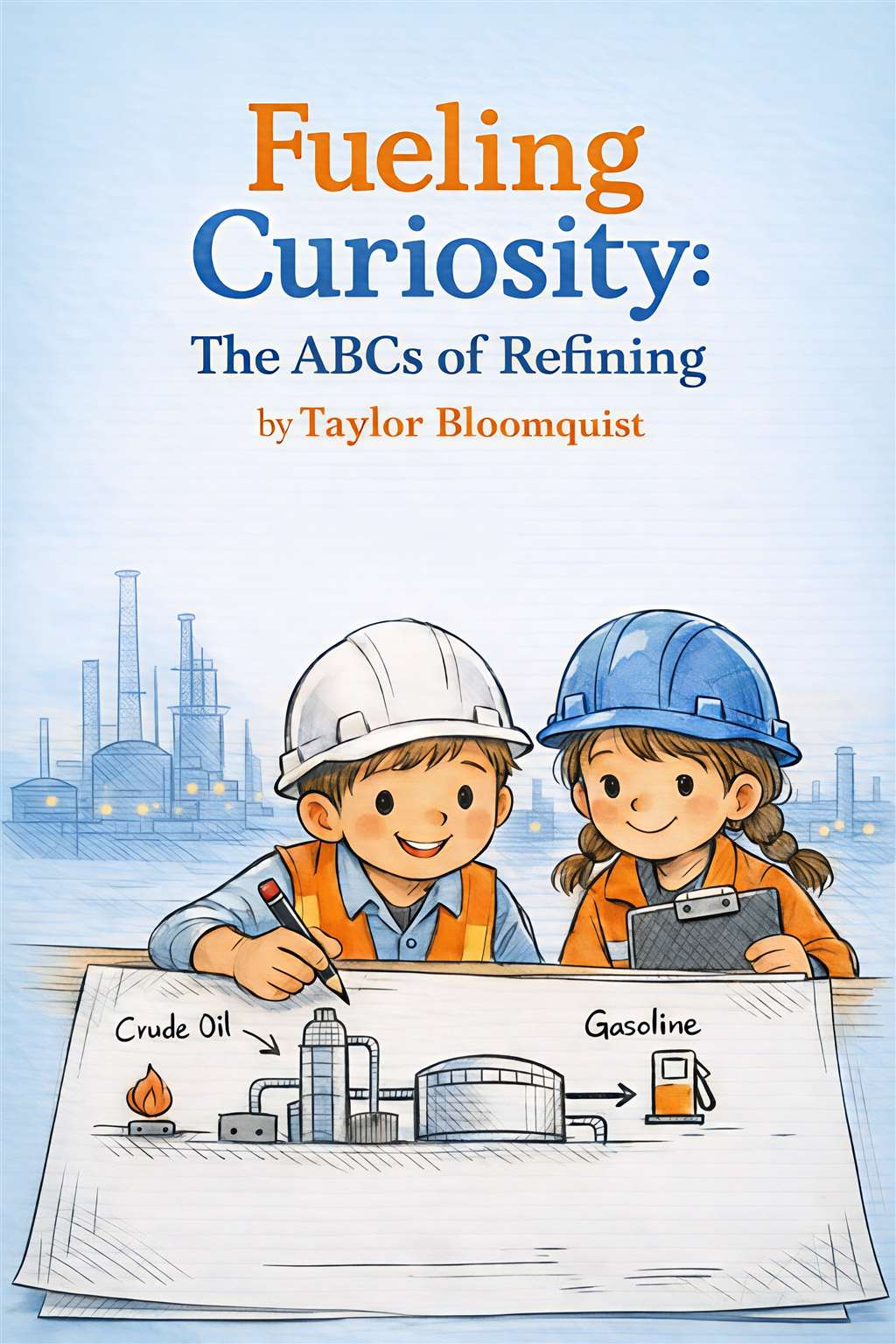 Fueling Curiosity book cover showing a colorful illustrated refinery with the alphabet letters A through Z